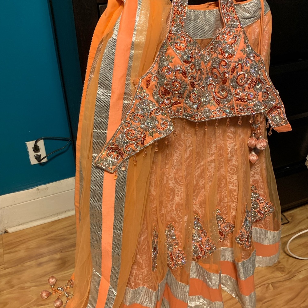 Orange Lehenga with Silver Beading & Jewels